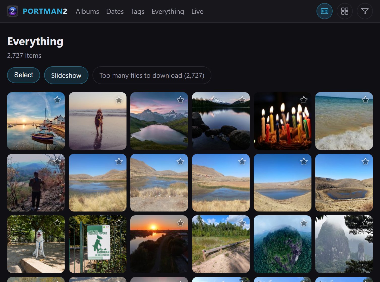 The same library in a web browser on another device: a Portman2 header with Albums, Dates, Tags, Everything and Live, then a grid of photographs under the heading Everything and the count 2,727 items.